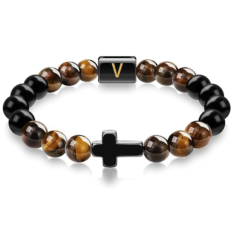 Elegant Cross Tiger Eye Bracelet with Custom Initial Charm