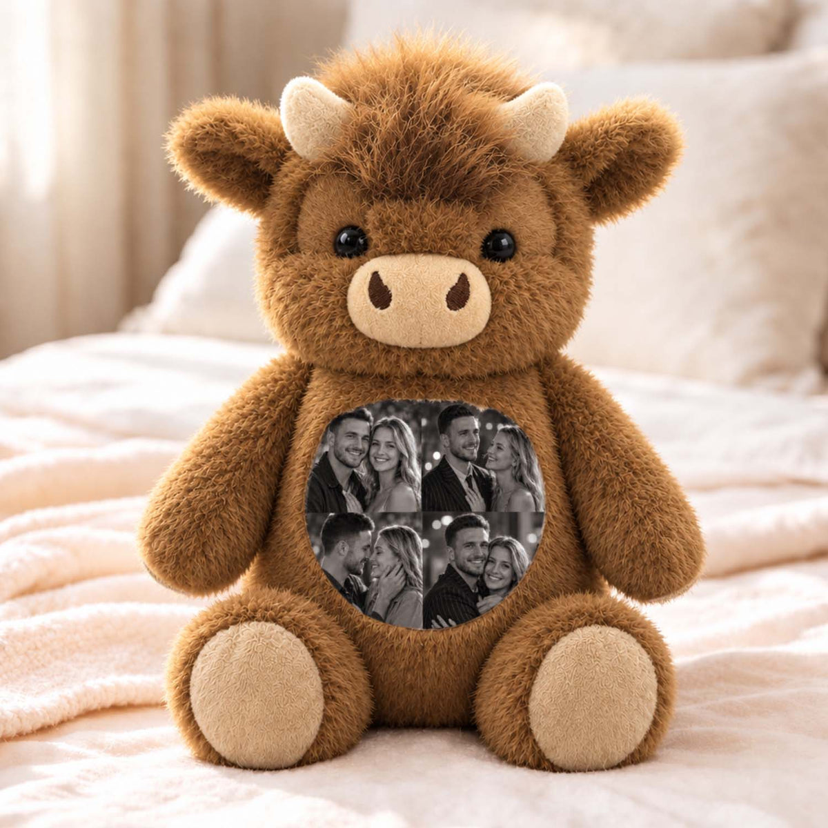 Brown personalized Highland cow plush displayed on a bed