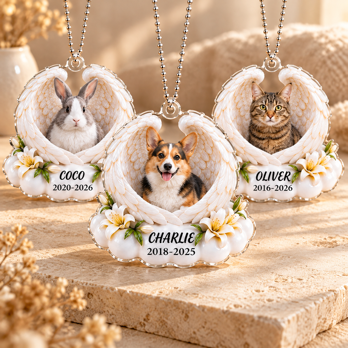 Collection of personalized cat and dog memorial photo ornaments