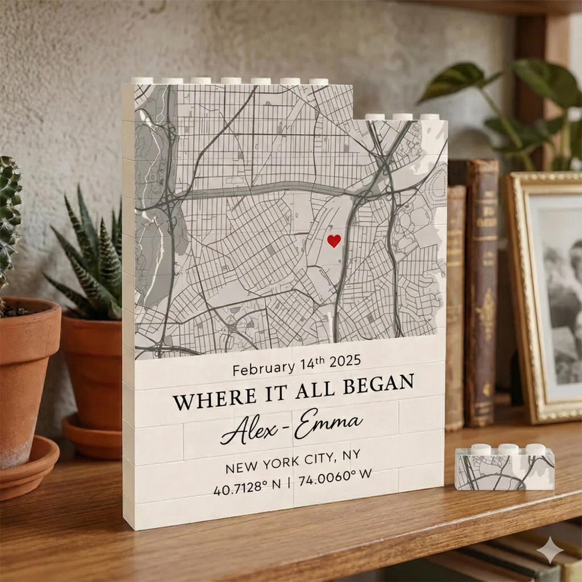 Personalized map building block frame with names and meaningful date