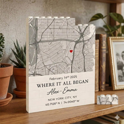 Personalized map building block frame with names and meaningful date