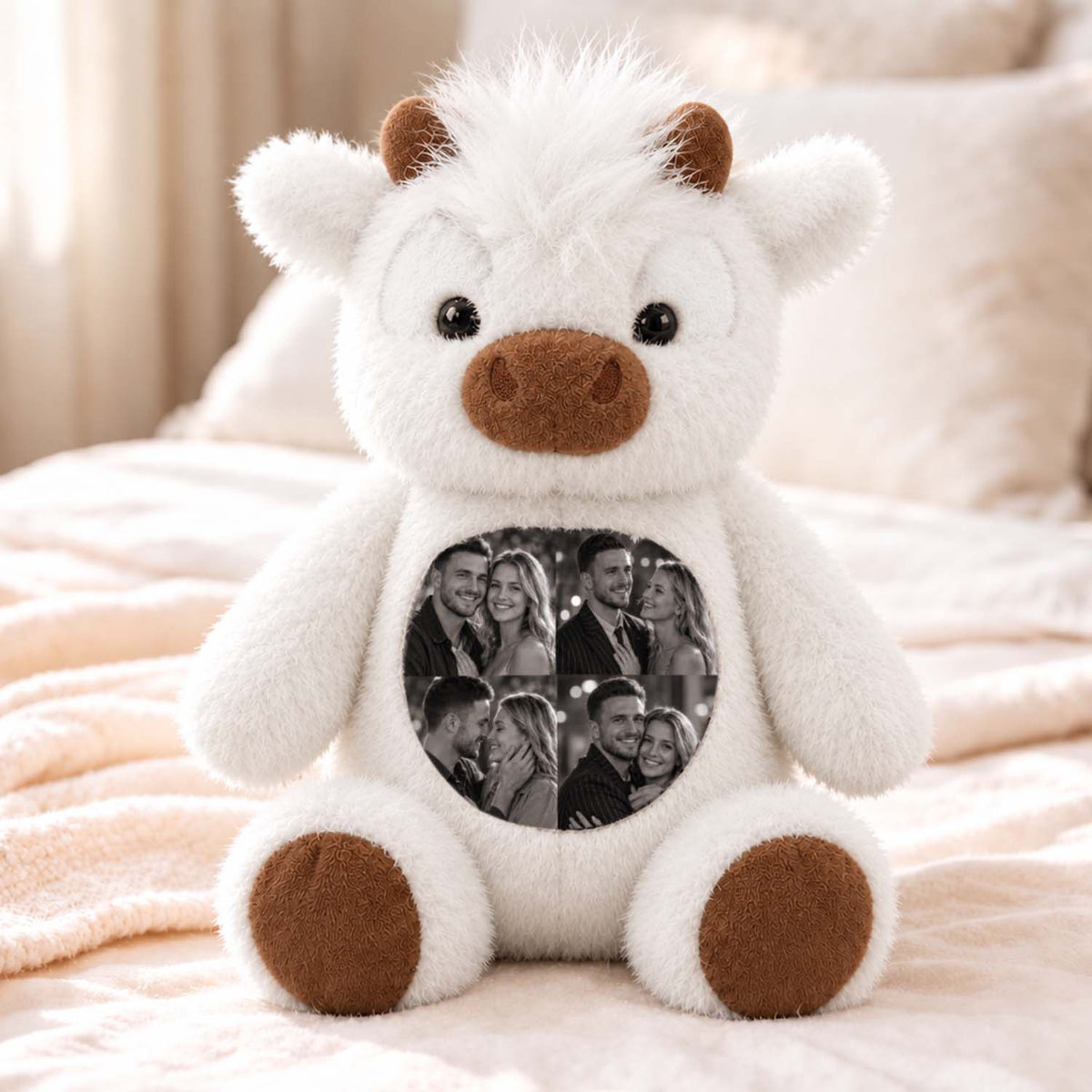 White Highland cow plush with family photo on its front