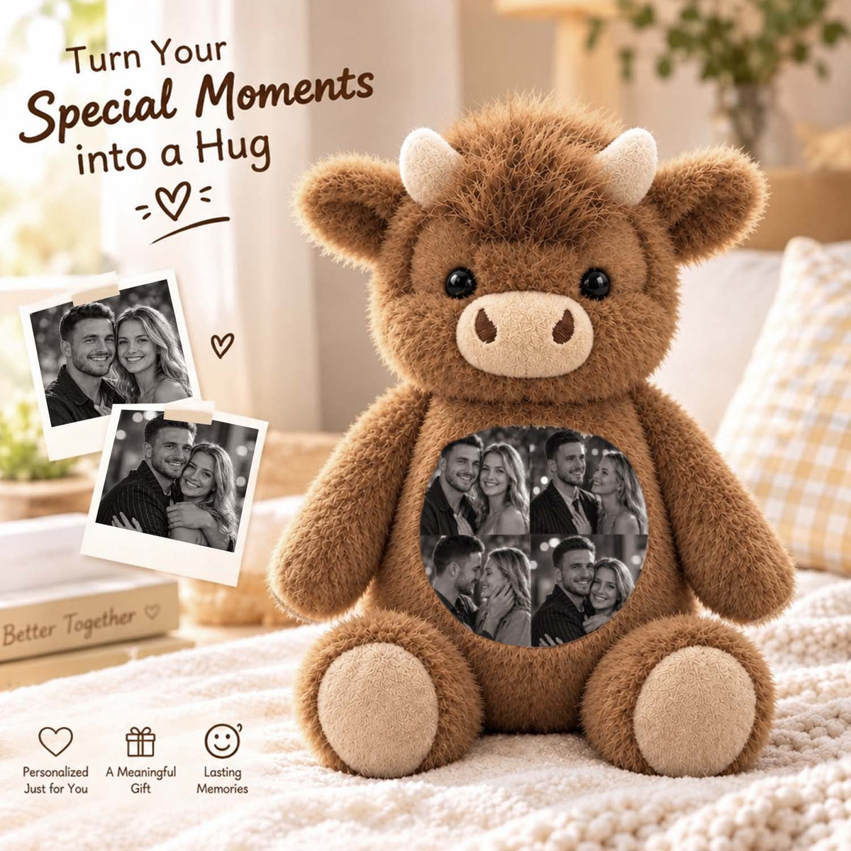 Brown personalized photo cow plush shown as a keepsake gift