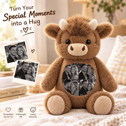 Brown personalized photo cow plush shown as a keepsake gift