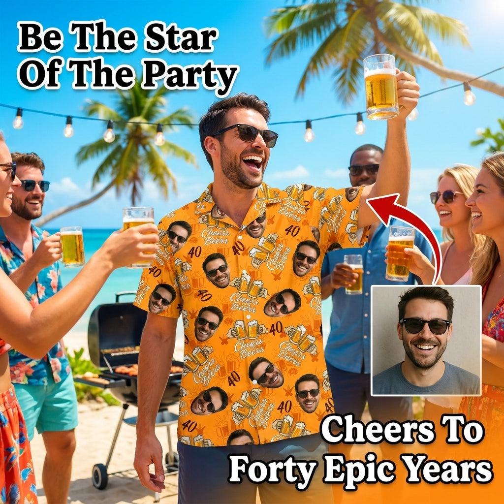 Man wearing a yellow custom face Hawaiian birthday shirt at a party
