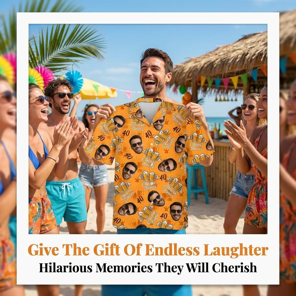 Personalized yellow face-print shirt shown at a tropical birthday party