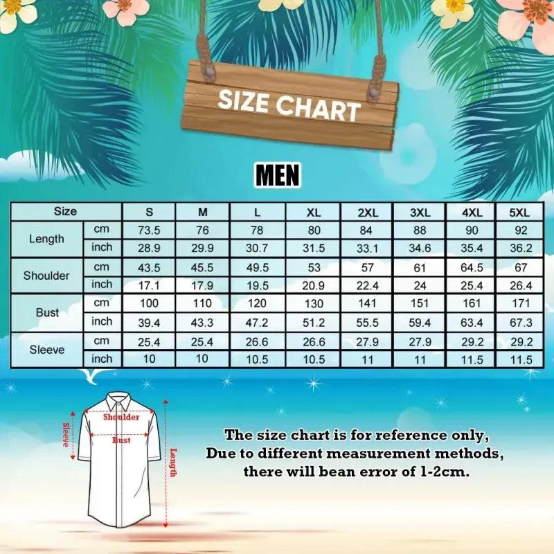 Men's Hawaiian shirt size chart with garment measurements
