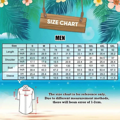 Men's Hawaiian shirt size chart with garment measurements