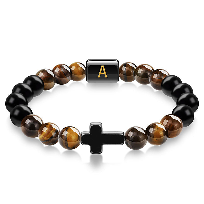 Elegant Cross Tiger Eye Bracelet with Custom Initial Charm