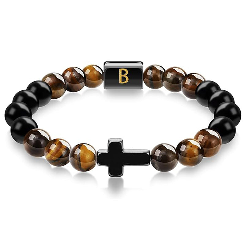 Elegant Cross Tiger Eye Bracelet with Custom Initial Charm