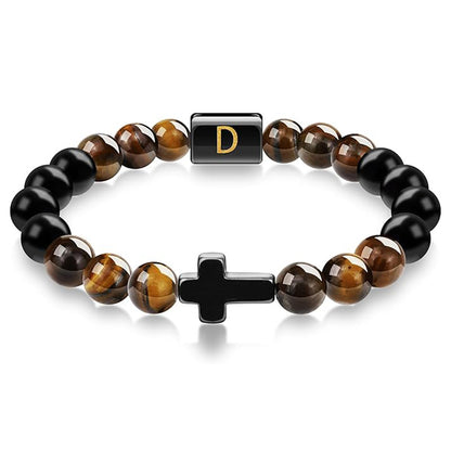 Elegant Cross Tiger Eye Bracelet with Custom Initial Charm