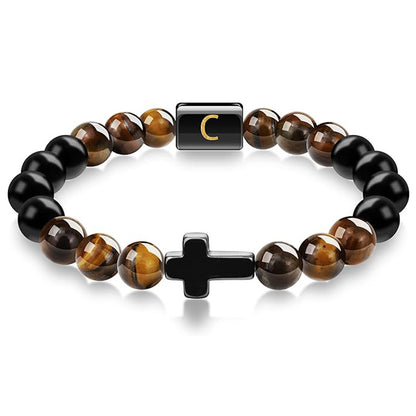 Elegant Cross Tiger Eye Bracelet with Custom Initial Charm