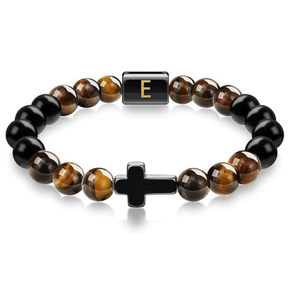 Elegant Cross Tiger Eye Bracelet with Custom Initial Charm