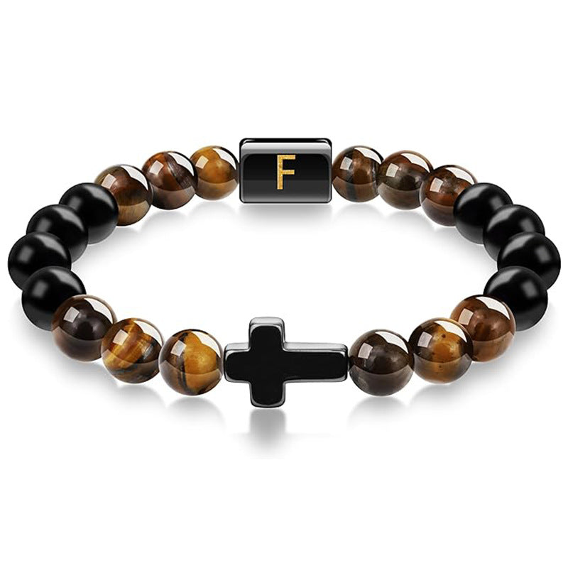 Elegant Cross Tiger Eye Bracelet with Custom Initial Charm