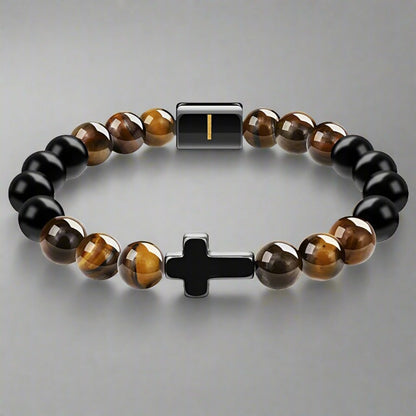 Elegant Cross Tiger Eye Bracelet with Custom Initial Charm