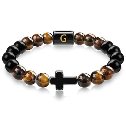 Elegant Cross Tiger Eye Bracelet with Custom Initial Charm