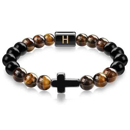 Elegant Cross Tiger Eye Bracelet with Custom Initial Charm