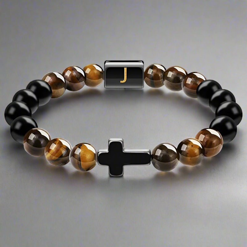 Elegant Cross Tiger Eye Bracelet with Custom Initial Charm