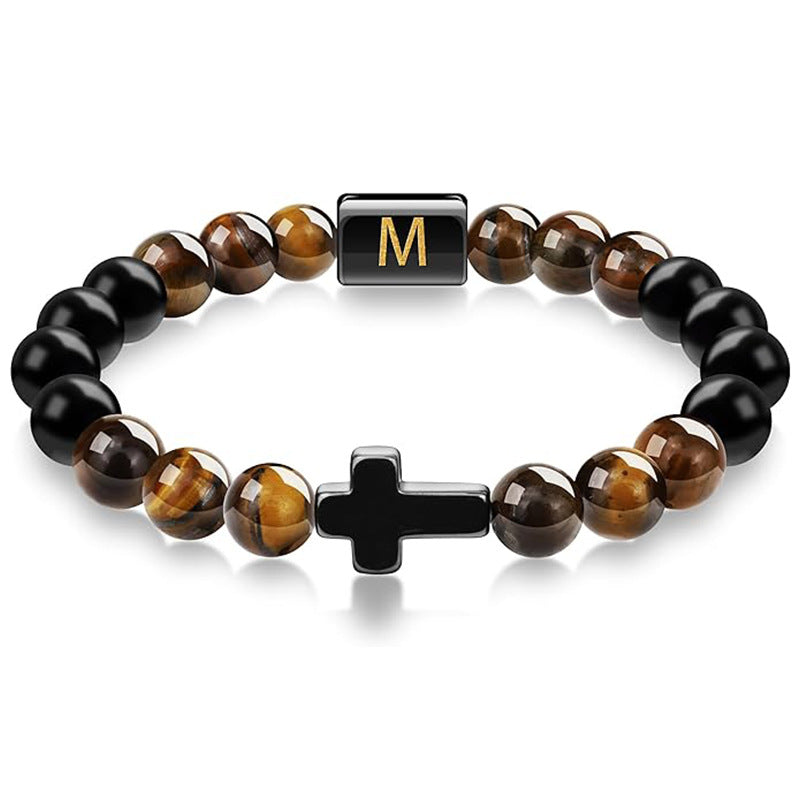 Elegant Cross Tiger Eye Bracelet with Custom Initial Charm