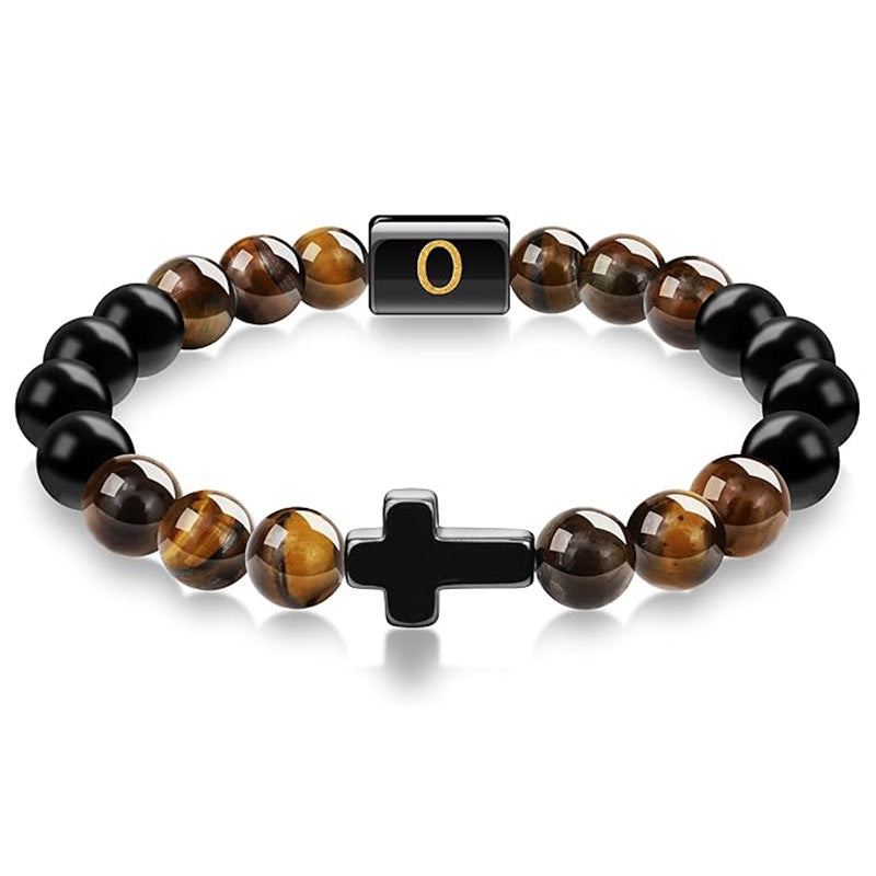 Elegant Cross Tiger Eye Bracelet with Custom Initial Charm