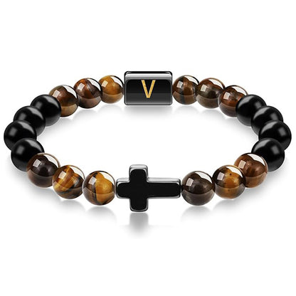 Elegant Cross Tiger Eye Bracelet with Custom Initial Charm