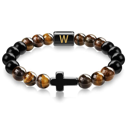 Elegant Cross Tiger Eye Bracelet with Custom Initial Charm