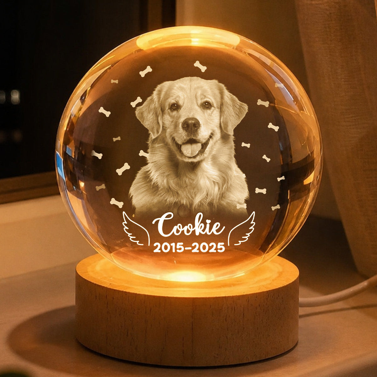 Golden retriever portrait on a personalized crystal ball night light