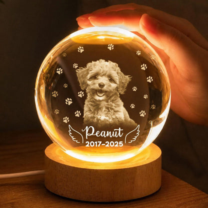 Hand resting above a glowing pet photo crystal ball on its base