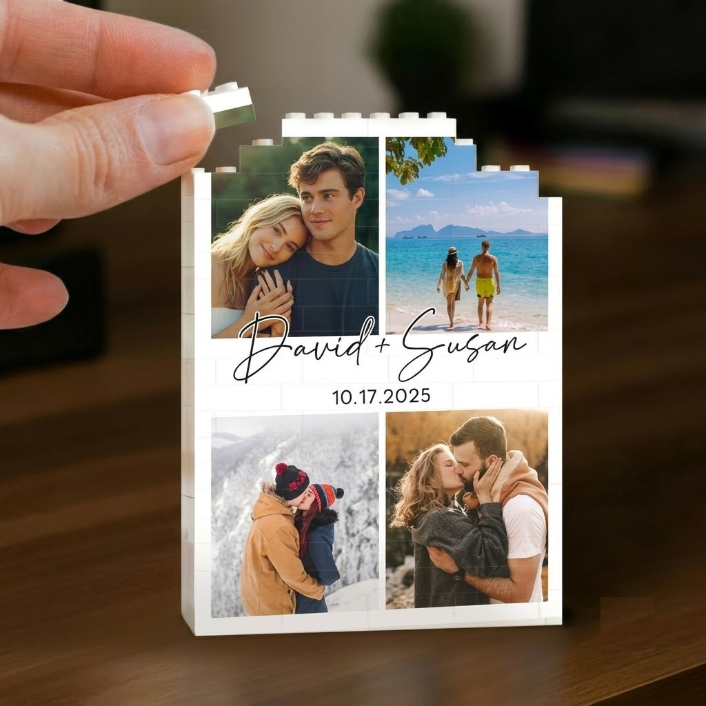 Hand lifting a brick from a personalized photo collage frame