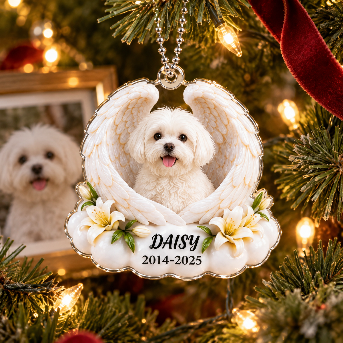 Pet memorial photo ornament with white dog, angel wings, name, and memorial years