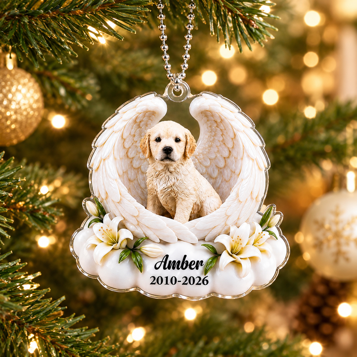 Personalized dog memorial ornament hanging on a Christmas tree