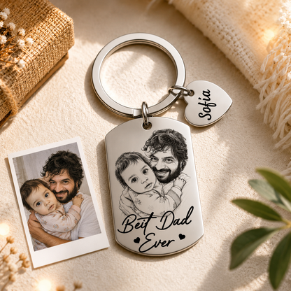 Personalized stainless steel keychain with family sketch and Best Dad text
