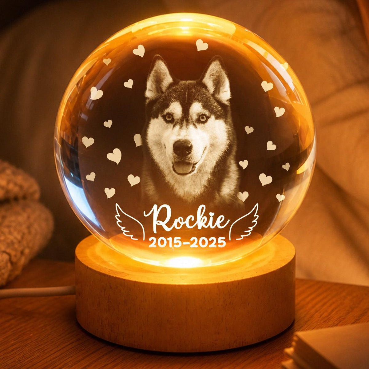 Husky photo engraved in a glowing personalized memorial crystal ball