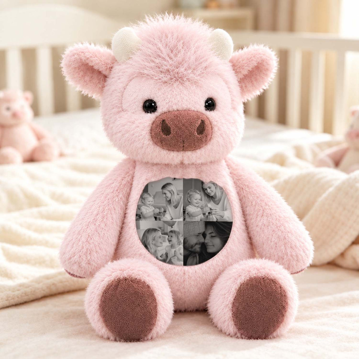 Pink personalized Highland cow plush displayed on a bed