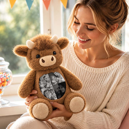 Woman holding a Highland cow plush with black-and-white photo