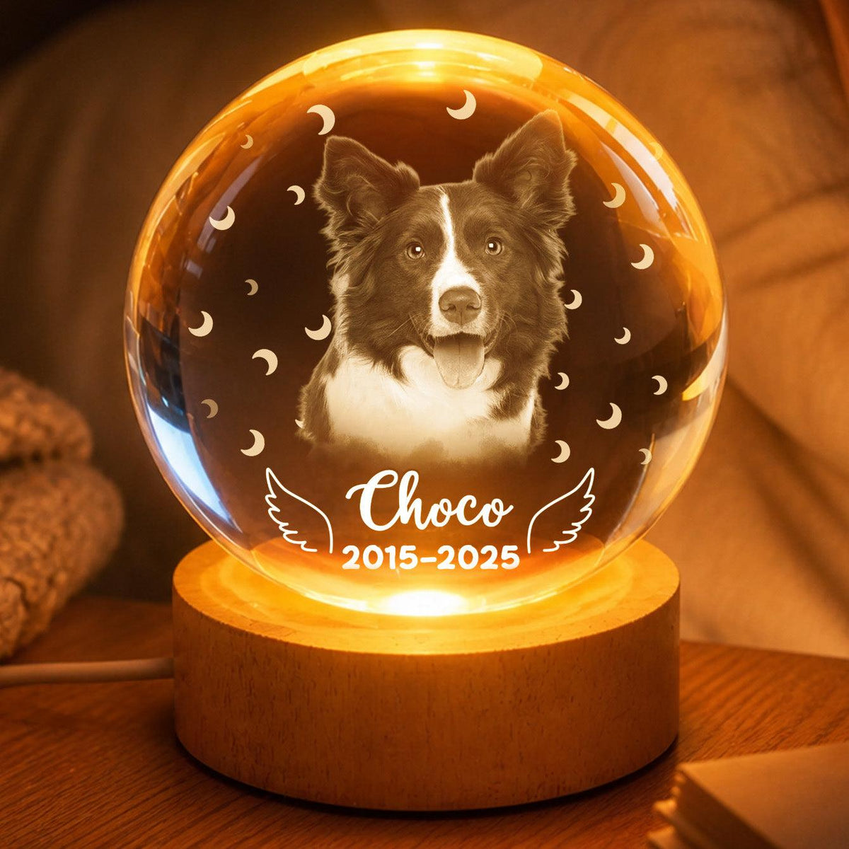 Border collie portrait on a pet memorial crystal ball light
