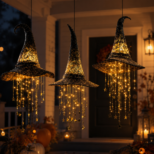 Glowing witch hat decorations hanging in a Halloween porch display