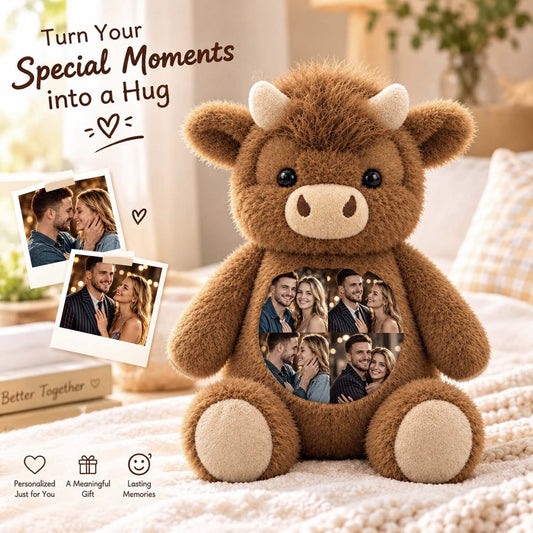 Brown Highland cow plush with custom family photo panel