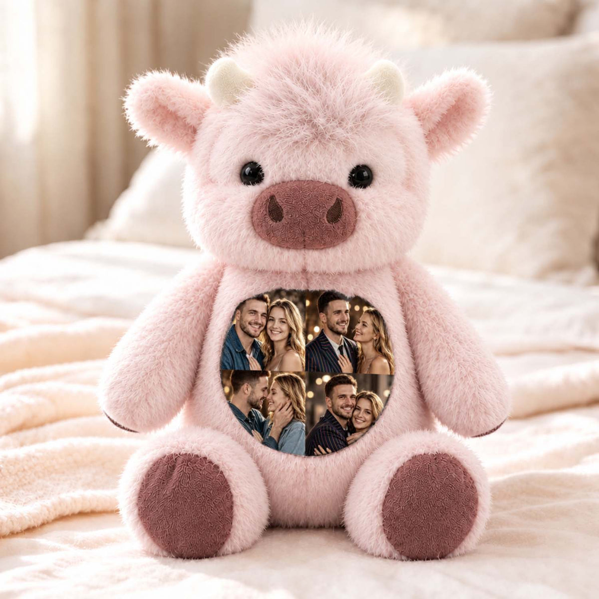 Pink Highland cow plush with custom photo collage panel