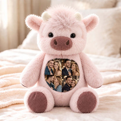 Pink Highland cow plush with custom photo collage panel