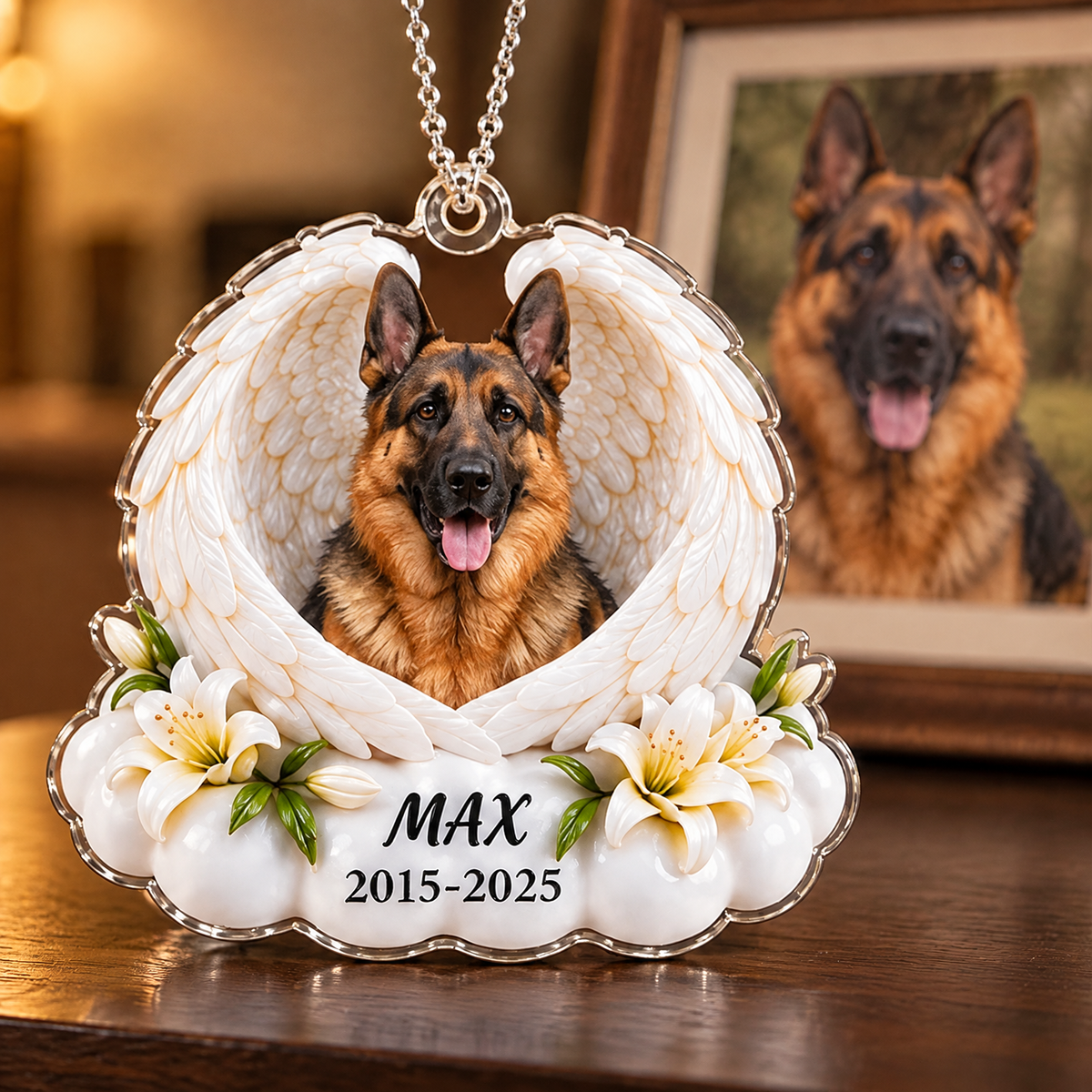 German shepherd memorial photo ornament with personalized name and years