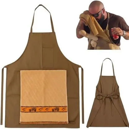 Brown BBQ apron showing front pocket and adjustable waist ties