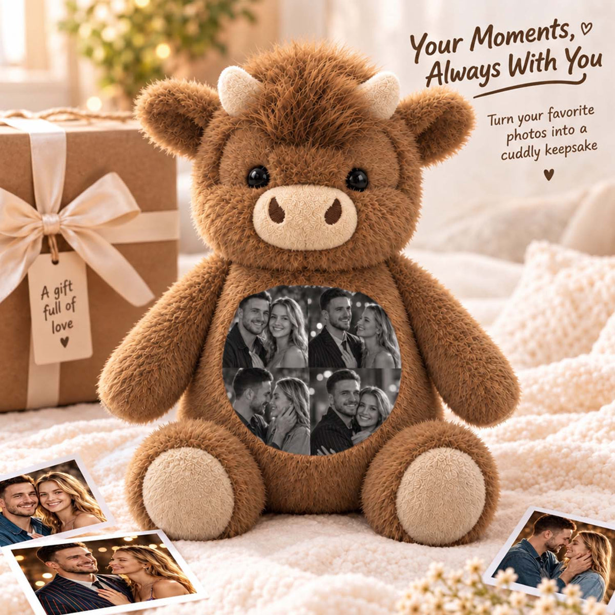 Highland cow photo plush beside a gift box and printed photos