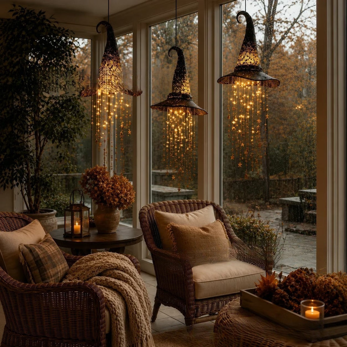 Warm-lit hanging witch hats above an indoor seating area