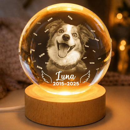 Personalized dog memorial crystal ball with name and dates