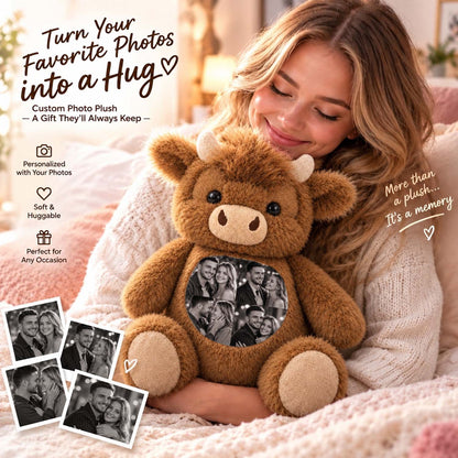 Woman holding a personalized Highland cow photo plush