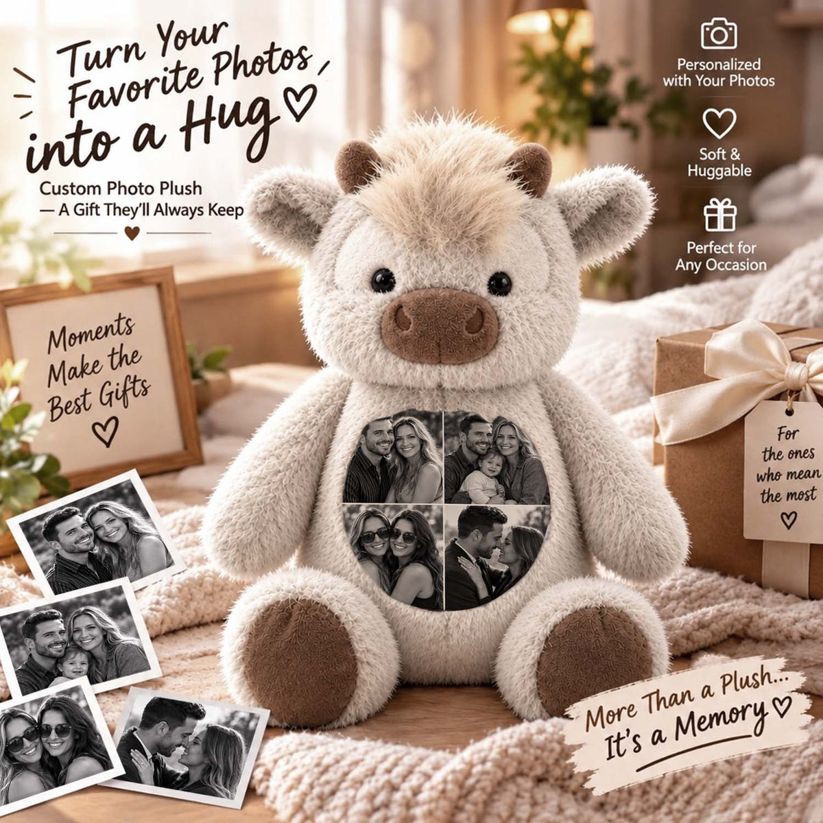 Light-color Highland cow plush with custom black-and-white photo panel
