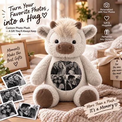 Light-color Highland cow plush with custom black-and-white photo panel