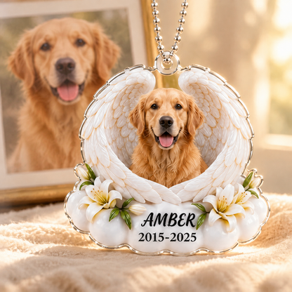 Golden retriever memorial ornament with name and years beside a pet photo