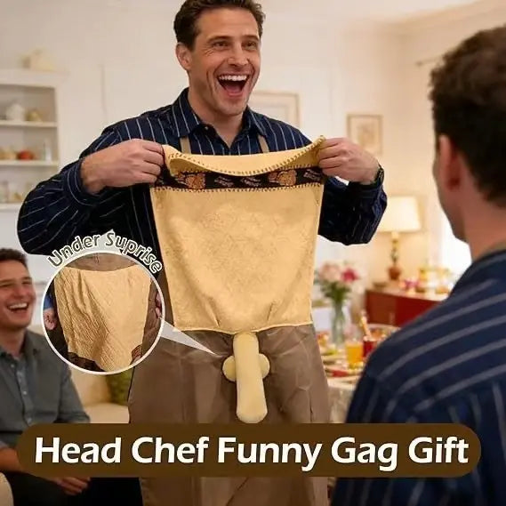 Man showing the hidden adult gag design on a personalized BBQ apron